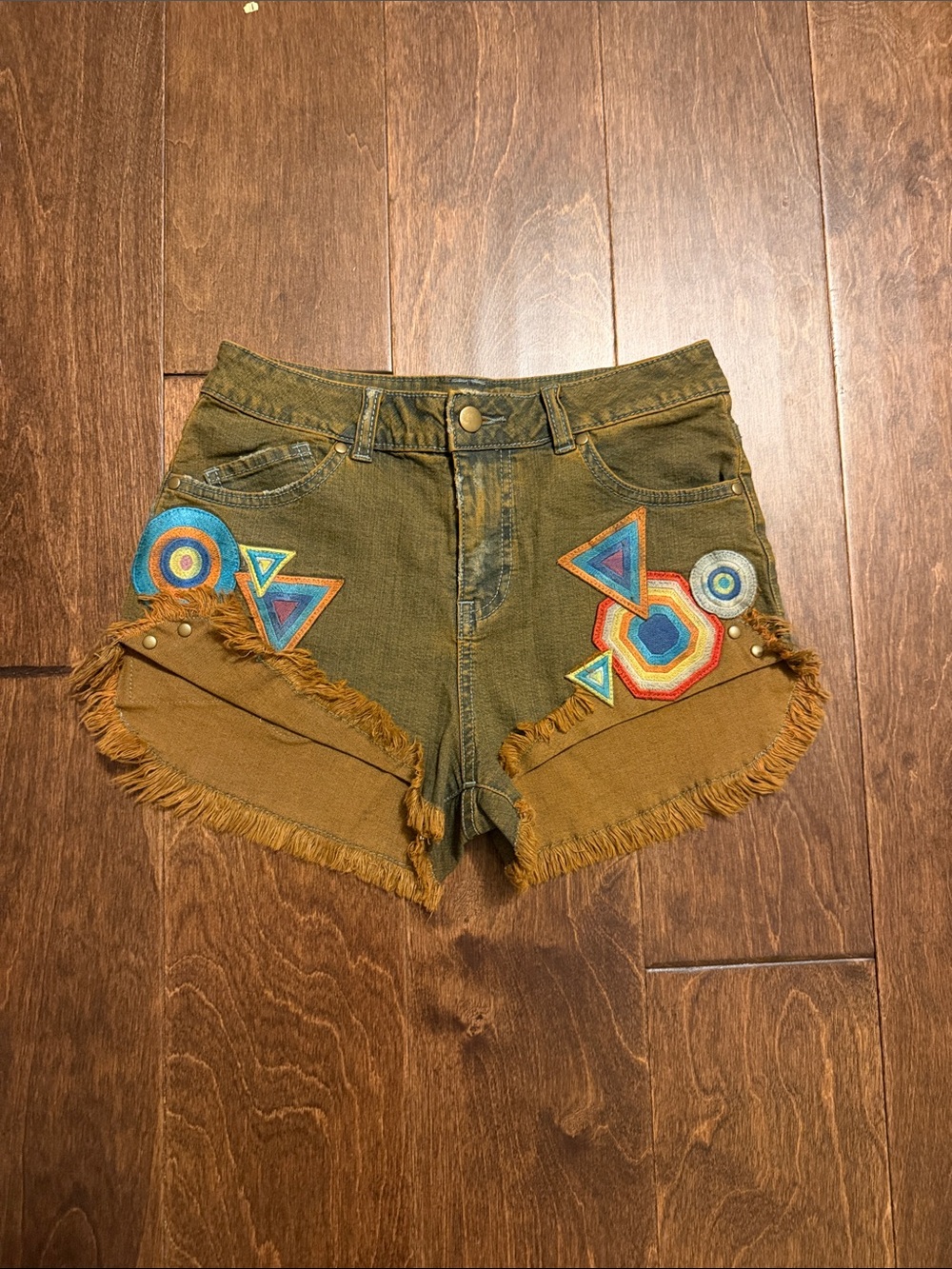 Women's brown Embroidered Fringe Denim Shorts